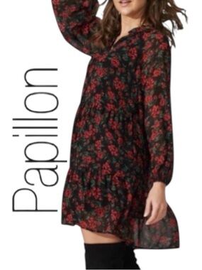 XXL Papillon Black and Red Rose Print Swingy Tiered Dress, NWT
